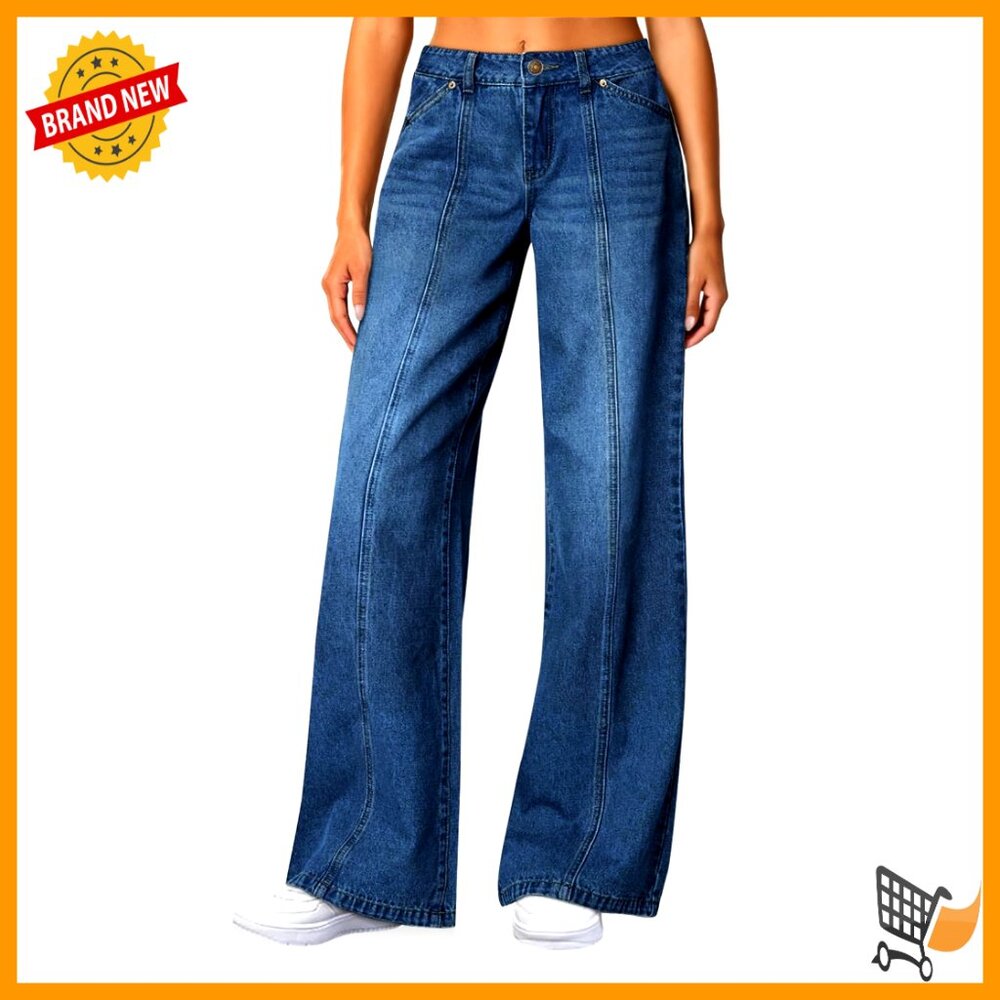 High Waisted Wide Leg Jeans Stretchy Front Seam Denim Pants With Pockets